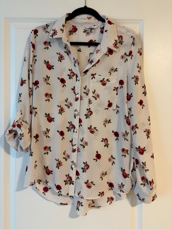 Reitmans Tops - Reitmans Cream Button-Up Blouse with Red Rose Print
